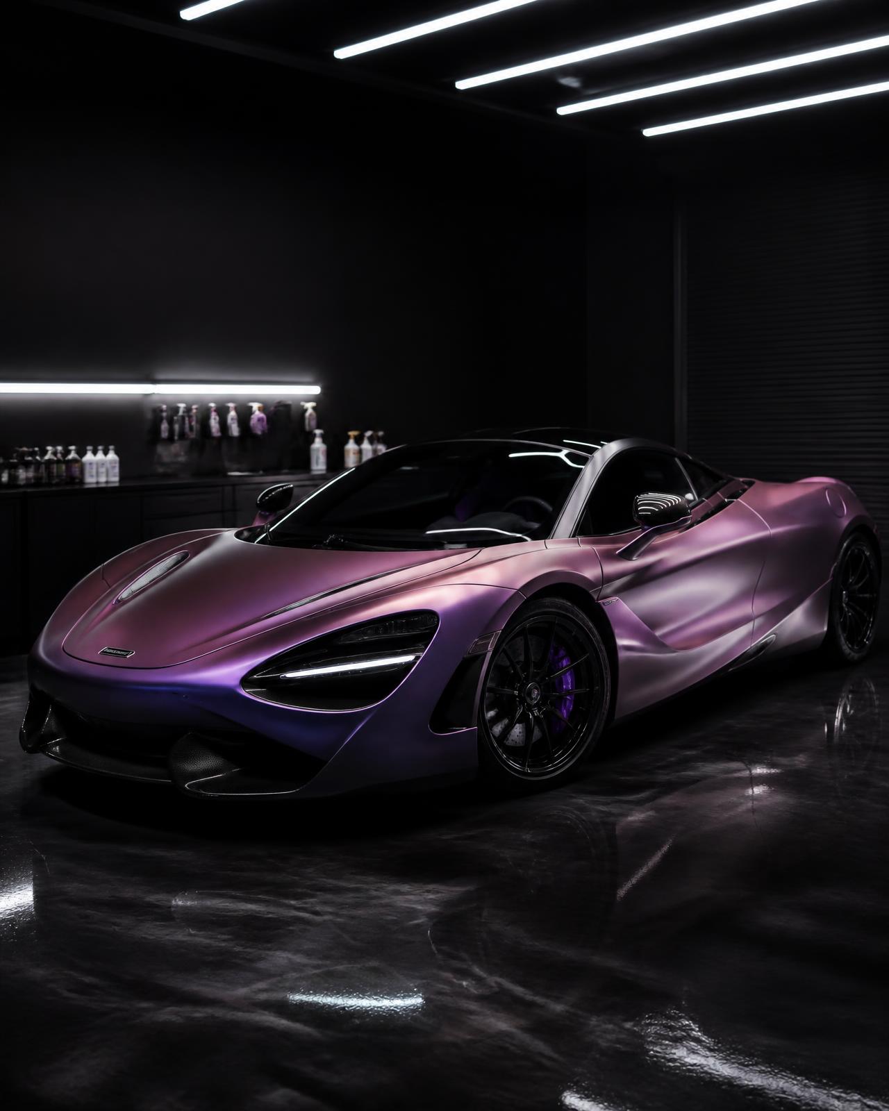 Exotic sports car finished in a satin purple color-change vinyl wrap by Exotic Vehicle Wraps in Sterling, Virginia